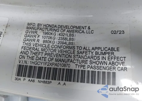 2023 Honda Accord Lx из США, поврежденный, VIN 1HGCY1F2XPA010870